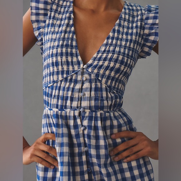 Anthropologie The Peregrine Midi Dress Blue Gingham Plaid Smocked Size L - Picture 5 of 9